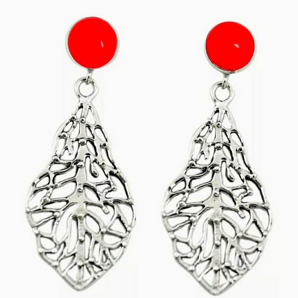 2.5 C.T.W Natural Red Coral Dangle Earrings - Picture 2 of 8